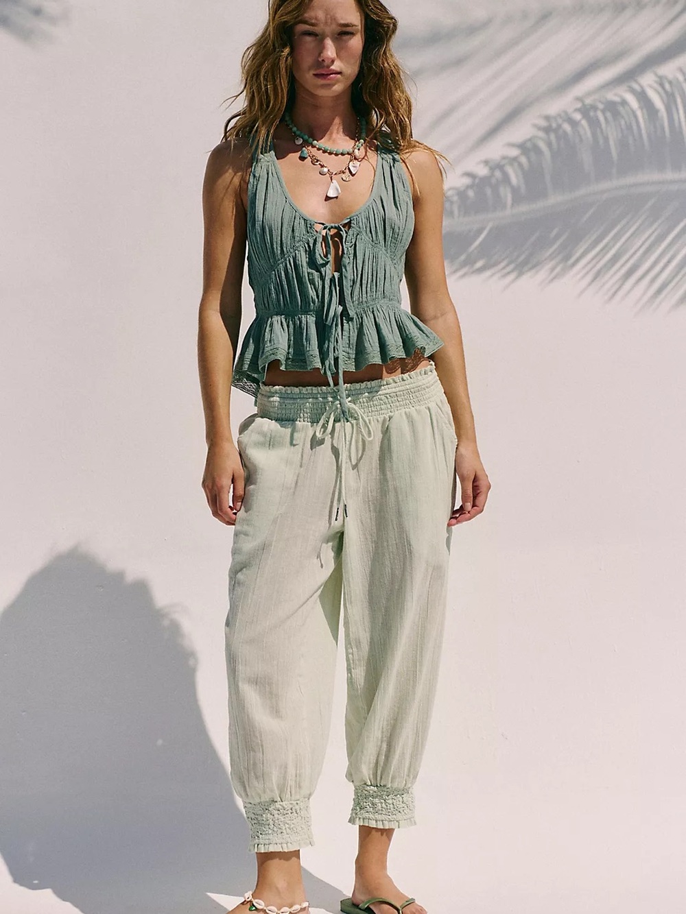 Free People Taye Smocked Cotton Capris - Soft Mint - Picture 4 of 4